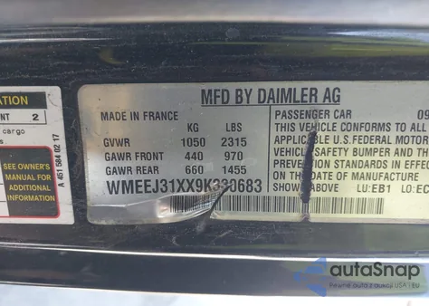 2009 Smart Fortwo Brabus/Passion/Pure из США, поврежденный, VIN WMEEJ31XX9K330683